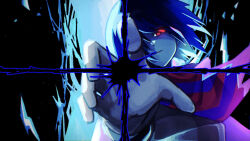  1other black_bodysuit blue_hair blue_skin bodysuit colored_skin commentary_request dark_fountain_(deltarune) deltarune gloves glowing glowing_eye grin highres kris_(dark_world)_(deltarune) kris_(deltarune) looking_at_viewer other_focus red_eyes scarf shaded_face smile solo teeth upper_body utdr_(toby_fox) white_gloves yoshino_(q_sci) 