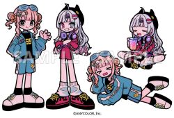  >_< 2girls ahoge aqua-framed_eyewear aqua_jacket aqua_shorts black_choker black_eyes black_hat black_shirt black_shoes black_socks blonde_hair blunt_bangs choker claw_pose closed_eyes closed_mouth clothes_writing commentary_request copyright_notice crossed_arms cup deformed dot_nose double_bun drinking_straw elbow_rest eyewear_on_head flame_print gradient_hair green_eyes grey_eyes grey_hair grin hair_bun hair_ornament hand_in_pocket hand_on_own_cheek hand_on_own_face hand_on_own_foot hand_up hat head_rest headphones headphones_around_neck heart heart_hair_ornament heterochromia holding holding_cup horned_hat indian_style ishigami_nozomi jacket kaburaki_roco large_feet looking_at_viewer lying mi-mi-o multicolored_eyes multicolored_hair multiple_girls multiple_hair_clips multiple_views nijisanji official_alternate_costume official_art on_side open_clothes open_jacket open_mouth peanut_mouth pink_hair print_shoes raised_inner_eyebrows red_eyes red_jacket red_shorts sample_watermark shirt shoes shorts shutter_shades sidelocks simple_background sitting smile socks standing thick_outlines two-tone_eyes virtual_youtuber watermark white_background white_shoes white_socks 