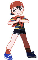  1boy backwards_hat baseball_cap black_eyes black_hair black_shorts closed_mouth commentary_request fist_in_hand frown full_body hat highres looking_at_viewer male_focus mother_(series) mother_1 neckerchief ninten pac-man_eyes red_hat red_neckerchief red_socks shirt shoes short_hair short_sleeves shorts simple_background sneakers socks solo standing striped_clothes striped_shirt tanba_(tanba-art) v-shaped_eyebrows white_background 