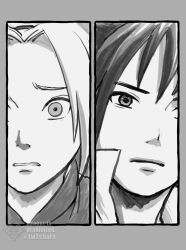  1boy 1girl chara_no7 commentary_request expressionless greyscale haruno_sakura highres monochrome naruto_(series) naruto_shippuuden raised_inner_eyebrows twitter_username uchiha_sasuke watermark 