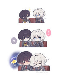  ... 1boy 1girl ? black_coat black_vest blue_eyes blush bright_pupils closed_eyes closed_mouth coat coat_on_shoulders collared_shirt commentary english_commentary faust_(project_moon) fly_my_wings hetero highres limbus_company looking_to_the_side mili_(band) necktie open_mouth project_moon red_necktie schw3iss_b shirt short_hair sitting speech_bubble spoken_ellipsis spoken_question_mark star_(symbol) vest white_hair white_pupils white_shirt yi_sang_(project_moon) 