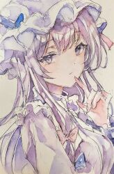  1girl absurdres closed_mouth dress expressionless finger_to_own_chin frills from_side hair_ribbon hat highres index_finger_raised kamu_kotan long_hair long_sleeves looking_at_viewer mob_cap painting_(medium) patchouli_knowledge purple_dress purple_hair ribbon solo touhou traditional_media violet_eyes watercolor_(medium) 