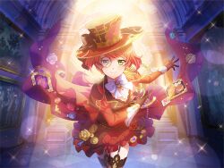  1girl arsene_lupin arsene_lupin_(cosplay) black_gloves bow brown_thighhighs closed_mouth cosplay game_cg garter_straps gloves green_eyes hat jacket jewelry long_sleeves looking_at_viewer monocle official_art orange_hair puffy_long_sleeves puffy_sleeves red_hat red_jacket ring shoujo_kageki_revue_starlight shoujo_kageki_revue_starlight_-re_live- smile solo standing thigh-highs umibe_minku upper_body white_bow 
