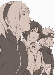  1girl 2boys artist_name chara_no7 commentary_request expressionless forehead_protector greyscale hairband haruno_sakura headband highres jacket looking_up monochrome multiple_boys naruto_(series) naruto_shippuuden short_hair twitter_username uchiha_sasuke uzumaki_naruto watermark 