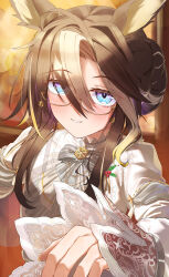  1girl absurdres animal_ears black_hair blue_eyes blush bow chestnutj37 commentary_request dream_journey_(snow-white_dreamland)_(umamusume) dream_journey_(umamusume) dress eyewear_strap glasses hair_between_eyes hair_bun highres horse_ears horse_girl long_hair long_sleeves looking_at_viewer multicolored_hair official_alternate_costume parted_lips smile solo umamusume upper_body white_dress white_hair 