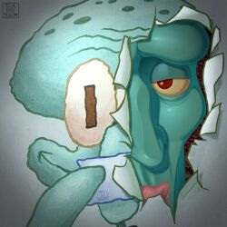  1boy aqua_skin artist_name bald cheekbones colored_sclera colored_skin cracked_kawaii_mask dual_persona handsome_squidward_(meme) hashtag-only_commentary highres male_focus meme one_eye_covered pink_lips solo spongebob_squarepants_(series) squidward_tentacles torn_paper yellow_sclera yolk_too_yellow 