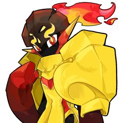  1other armarouge armor black_skin breastplate colored_skin commentary eye_trail fiery_hair foreigner_(pixiv_119387446) hand_up helmet high_ponytail highres light_trail looking_at_viewer no_mouth other_focus pokemon pokemon_(creature) ponytail red_eyes red_hair red_helmet shoulder_armor simple_background solo spikes standing upper_body white_background yellow_armor yellow_pupils 