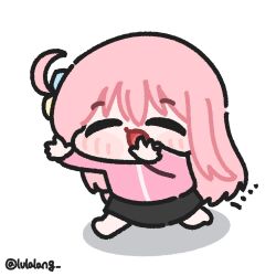  1girl black_skirt bocchi_the_rock! chibi chibi_only closed_eyes commentary english_commentary full_body gotoh_hitori highres jacket long_hair looking_at_viewer lulalang one_side_up open_mouth pink_hair pink_jacket running running_towards_viewer simple_background skirt smile solo white_background 