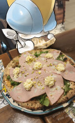  1other absurdres alternate_color artist_name bandana bandana_around_neck blue_hair blunt_bangs blush bowl_cut cheek_bulge colored_skin commentary covered_eyes eating english_commentary food food_focus hair_over_eyes ham highres holding holding_food indoors other_focus photo_background pizza plate pokemon pokemon_(creature) ralts shiny_pokemon short_hair signature solo table twitter_username white_bandana white_skin yueryu_(taroyuer2) 