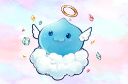  :3 archangeling clouds commentary_request gem gobaku_no_hito green_gemstone halo lowres no_humans ragnarok_masters ragnarok_online red_gemstone slime_(creature) solo traditional_halo white_wings wings yellow_halo 