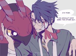  1boy arm_rest bandaged_arm bandages black_hair bruise bruise_on_face chest_tattoo collared_shirt commentary corbeau_(pokemon) english_commentary english_text gauze gauze_on_cheek glasses grey_background hand_on_another's_face highres injury kookirani looking_at_another looking_to_the_side male_focus necktie open_collar parted_hair pokemon pokemon_(creature) pokemon_legends:_z-a round_eyewear scolipede shirt short_hair sideways_glance sitting smile speech_bubble tassel tattoo tears twitter_username undone_necktie uneven_eyes watermark white_necktie yellow_eyes 