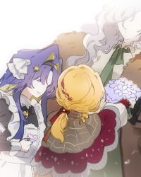  3girls apron black_dress blonde_hair blue_hair bouquet brown_coat coat collared_shirt colored_inner_hair commentary_request dress face-to-face faceless facing_away flower fur-trimmed_coat fur_trim gift green_necktie hair_intakes hair_ornament holding holding_bouquet holding_flower kiperina korean_commentary long_hair low_ponytail multicolored_hair multiple_girls necktie ponytail red_coat reverse:1999 s2ds school_uniform shirt soviet_school_uniform star_(symbol) star_hair_ornament teacher_and_student upper_body voyager_(reverse:1999) white_apron white_background white_flower white_hair white_shirt windsong_(reverse:1999) 