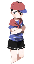  1boy baseball_cap black_shorts blush commentary_request cropped_legs crossed_arms hat looking_at_viewer male_focus mother_(series) mother_1 neckerchief nervous ninten pac-man_eyes red_hat red_neckerchief shirt short_hair short_sleeves shorts simple_background solo striped_clothes striped_shirt tanba_(tanba-art) white_background 