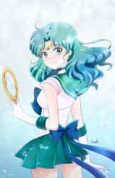  1girl air_bubble aqua_hair aqua_sailor_collar back back_bow bishoujo_senshi_sailor_moon blue_background blue_choker blue_eyes blue_sailor_collar bow brooch bubble choker commentary_request cowboy_shot deep_aqua_mirror earrings gloves highres jewelry kaiou_michiru long_hair looking_back magical_girl outer_senshi sailor_collar sailor_neptune sailor_senshi sailor_senshi_uniform shiiba_itsuki skirt smile solo tiara white_gloves 