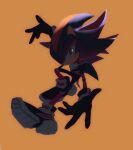  1boy absurdres animal_ears animal_nose black_gloves brown_background closed_mouth commentary english_commentary frown full_body furry furry_male gloves highres looking_at_viewer male_focus murzanic official_alternate_costume red_eyes shadow_the_hedgehog shoes simple_background solo sonic_(series) tail 