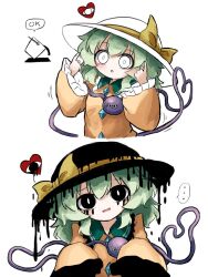  ... 1girl :o black_eyes blush bow bright_pupils buttons collared_shirt diamond_button dripping dripping_eye frilled_shirt_collar frilled_sleeves frills green_hair hat hat_bow heart heart_of_string heripantomorrow komeiji_koishi medium_hair multiple_views paint paint_can pointing pointing_at_self raised_inner_eyebrows shirt simple_background spoken_ellipsis third_eye touhou white_background white_eyes white_hat white_pupils yellow_bow yellow_shirt 