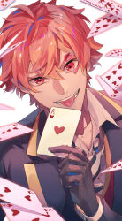  1boy absurdres ace_(playing_card) ace_of_hearts ace_trappola black_gloves card commentary_request crossed_bangs diagonal-striped_clothes diagonal-striped_necktie ete-ete facial_mark gloves heart highres holding looking_at_viewer male_focus necktie orange_hair playing_card red_eyes short_hair simple_background solo spade_(shape) spade_facial_mark striped_clothes tongue tongue_out twisted_wonderland white_background 