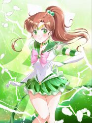  1girl bishoujo_senshi_sailor_moon bishoujo_senshi_sailor_moon_stars bow breasts brooch brown_hair choker commentary_request cowboy_shot elbow_gloves electricity feathers gloves green_background green_eyes green_sailor_collar green_skirt hair_ornament highres jewelry kino_makoto long_hair magical_girl pink_bow ponytail sailor_collar sailor_jupiter sailor_senshi sailor_senshi_uniform see-through_clothes see-through_sleeves shiiba_itsuki skirt solo star_(symbol) star_brooch star_choker super_sailor_jupiter_(stars) thunder white_gloves 