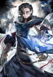  1boy absurdres belt book cane coat commentary cowboy_shot elden_ring elden_ring_nightreign english_commentary facial_hair gameplay_mechanics gloves hair_over_one_eye high_collar highres holding holding_cane looking_to_the_side magic monocle mustache_stubble ovolinyu reaching scholar_(elden_ring) short_hair solo stubble white_coat 