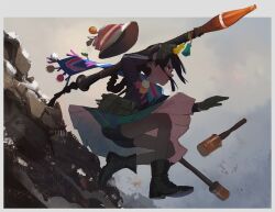  1girl absurdres bag bike_shorts bike_shorts_under_skirt brown_hair commentary english_commentary explosive grenade hat highres holding holding_weapon jumping long_sleeves mountain orange_eyes outdoors panzerfaustina_(polilla) polilla polivia pouch rocket_launcher rpg-7 rpg_(weapon) scarf skirt solo stick_grenade weapon 