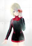  1girl apple blonde_hair blue_eyes closed_mouth cofffee dress eve_brea food fruit looking_at_viewer parasite_eve parasite_eve_ii red_apple red_trim short_dress short_hair solo 
