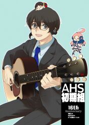  1boy 2girls :d ^_^ acoustic_guitar ahoge anniversary black-framed_eyewear black_eyes black_hair black_jacket black_pants blue_background blue_necktie character_name closed_eyes collared_shirt commentary_request dress glasses guitar hair_between_eyes headset highres hiyama_kiyoteru holding holding_guitar holding_instrument huge_ahoge instrument jacket kaai_yuki mouri multiple_girls necktie open_clothes open_jacket open_mouth outline pants pink_hair sf-a2_miki shirt shoes smile star_(symbol) twintails u_u vocaloid white_dress white_outline white_shirt white_shoes 