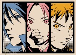  1girl 2boys blonde_hair blue_eyes blue_hair chara_no7 column_lineup commentary_request facial_mark haruno_sakura light_frown multiple_boys naruto_(series) naruto_shippuuden pink_eyes pink_hair serious sharingan twitter_username uchiha_sasuke uzumaki_naruto watermark whisker_markings yellow_eyes 