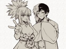  1boy 1girl :3 asagiri_gen blush breasts burn_scar chinese_clothes choker closed_eyes dr._stone facial_mark fluffy_hair hand_on_own_hip hand_up hands_in_opposite_sleeves hands_up high_ponytail highres intillate japanese_clothes kimono kohaku_(dr._stone) light_blush looking_at_viewer monochrome multicolored_hair open_mouth ponytail rope rope_around_wrist rope_belt scar shirt short_hair sidelocks simple_background smile spiky_hair split-color_hair turtleneck turtleneck_shirt two-tone_hair v white_background white_choker white_rope 