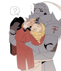  2boys 3bivl ? ahoge alphonse_elric apron armor black_jacket black_pants black_shoes blonde_hair braid bread brothers carrying coat doughnut edward_elric flying_sweatdrops food food_on_face full_armor fullmetal_alchemist furrowed_brow gloves grey_gloves helm helmet highres holding holding_bread holding_donut holding_food jacket loaf_of_bread long_hair looking_at_viewer male_focus multiple_boys pants parted_bangs plate_armor plume princess_carry red_coat shoes shoulder_spikes siblings single_braid spikes spoken_question_mark waist_apron white_background white_eyes yellow_eyes 