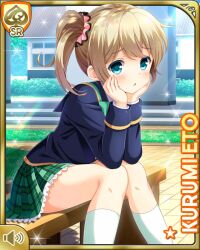  1girl bow bowtie brown_hair cardigan eto_kurumi girlfriend_(kari) green_bow green_bowtie green_eyes green_skirt hair_ornament hair_scrunchie jacket looking_at_viewer miniskirt official_art plaid_clothes plaid_skirt pleated_skirt qp:flapper school_uniform scrunchie shirt side_ponytail skirt smile solo standing white_shirt yellow_cardigan 