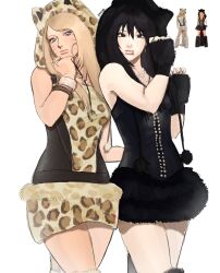  2girls alternate_costume alternate_hairstyle animal_ear_headwear animal_ears animal_print artist_name beanie black_dress black_eyes black_eyeshadow black_gloves black_hair bleeehrghw blonde_hair blue_eyes bracelet brown_dress cat_ears closed_mouth commentary cowboy_shot crossed_legs downturned_eyes dress earflap_beanie earrings english_commentary eyebrow_piercing eyeshadow face_piercing facial_mark fake_animal_ears fingerless_gloves fur_dress fur_gloves fur_hat genderswap genderswap_(mtf) gloves hand_on_own_chin hands_up hat highres hoop_earrings ibispaint_(medium) jewelry lace-up leopard_print light_smile lip_piercing long_hair makeup multiple_bracelets multiple_girls naruko_(naruto) naruto_(series) necklace nose_piercing photo_inset piercing pom_pom_(clothes) pom_pom_beanie ring short_dress silver_earrings silver_necklace simple_background swept_bangs two-tone_dress uchiha_sasuke watson_cross whisker_markings white_background y2k_fashion 