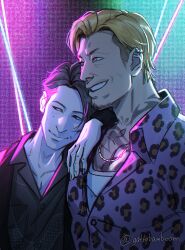  2boys 2obys akutsu_daimu animal_print beard black_hair blonde_hair brown_eyes chain chain_necklace collared_shirt commentary english_commentary facial_hair formal_clothes height_difference highres irezumi jewelry leaning_on_person leopard_print lost_judgment male_focus multicolored_hair multiple_boys necklace neon_lights parted_hair shirt souma_kazuki tattoo teppn_(gattobamboom) two-tone_hair 