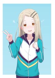  1girl absurdres aqua_jacket blue_background gakuen_idolmaster highres idolmaster jacket juunizia open_mouth orange_eyes shinosawa_hiro solo sweat v zipper 