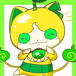  absurdres blush closed_eyes commentary_request fire flame-tipped_tail green_fire haramaki highres hitodama lemonyan multiple_tails no_humans notched_ear solo suzu_youkai tail two_tails yellow_fur youkai_(youkai_watch) youkai_watch 