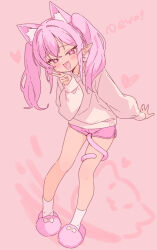  1girl :d animal_ear_fluff animal_ears blush cat_ears cat_girl cat_tail commentary_request fang full_body hand_up highres jigatei_(omijin) leaning_forward long_hair long_sleeves looking_at_viewer original pink_background pink_eyes pink_hair pink_shorts pink_slippers puffy_long_sleeves puffy_sleeves romaji_text shirt short_shorts shorts simple_background sleeves_past_wrists slippers smile socks solo standing tail tail_around_own_leg twintails white_shirt white_socks 