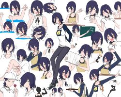  apron barefoot baseball_cap black_choker black_pants black_shoes black_sleeves blood blood_from_mouth blue_hair blush bomb bomb_devil_(chainsaw_man) breasts chainsaw_man chalk chalkboard choker closed_eyes closed_mouth collared_shirt cosplay cup denji_(chainsaw_man) denji_(chainsaw_man)_(cosplay) disembodied_head explosive flower green_eyes grenade_pin hair_between_eyes hair_bun hair_over_one_eye hat headless highres holding holding_chalk holding_flower holding_notebook holding_plate hugging_own_legs long_sleeves medium_breasts medium_hair multiple_views no_pants notebook nude open_mouth pants parted_lips partially_submerged plate print_shirt red_flower reze_(chainsaw_man) shared_clothes shirt shoes short_sleeves sleeveless sleeveless_shirt smile sneakers tikuwabunoakuma tongue tongue_out updo wet white_background white_hair white_shirt yellow_apron 