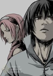  1boy 1girl black_hair chara_no7 commentary_request forehead_protector frown green_eyes hairband haruno_sakura highres naruto_(series) naruto_shippuuden pink_hair pink_hairband red_eyes serious sharingan twitter_username uchiha_sasuke watermark 