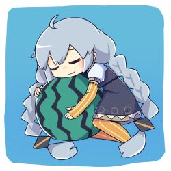  1girl :3 black_dress blue_background blush_stickers braid closed_eyes commentary_request dress elbow_gloves fingerless_gloves food fruit gloves grey_hair hair_tubes highres hugging_object kizuna_akari konohoshi long_hair orange_gloves orange_pantyhose oversized_food oversized_object pantyhose short_sleeves smile solo striped_clothes striped_gloves striped_pantyhose twin_braids vertical-striped_clothes vertical-striped_pantyhose very_long_hair vocaloid voiceroid watermelon 