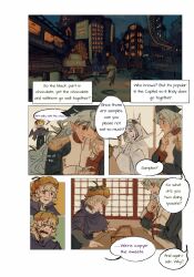  5others absurdly_long_hair alternate_costume androgynous annoyed aqua_hair bat_wings black_gloves black_hat black_pants black_shoes black_wings blonde_hair blue_eyes blue_hair blue_hat blue_kimono blue_pants blue_shirt blue_sky box city cityscape clenched_teeth cloak collared_vest commentary english_commentary english_text epaulettes food food_in_mouth freckles from_behind fujiwara_no_iyozane ghost_(len'en) ghost_costume gloves grey_shirt halloween halloween_costume hand_on_own_chin hand_on_own_elbow hands_on_table happy hat hatsburg high_collar highres holding_hands hood hood_up hooded_cloak indoors japanese_clothes kashiwagi_kaoru kimono len'en long_hair long_sleeves looking_at_another looking_at_food medium_hair messy_hair multiple_others night no_headwear ooya_kunimitsu open_mouth orange_hat other_focus outdoors pale_skin pants pirate_costume pirate_hat pocky pocky_in_mouth pointy_ears pumpkin_hat purple_cloak raised_inner_eyebrows realistic red_hair shirt shoes shouji sky sleeve_cuffs sleeves_past_wrists sliding_doors smirk smug speech_bubble taira_no_fumikado tate_eboshi teeth thick_eyebrows tray triangular_headpiece twilight umatachi_tsugumi upper_teeth_only very_long_hair vest walking white_cloak white_vest wide_sleeves wings yellow_kimono 