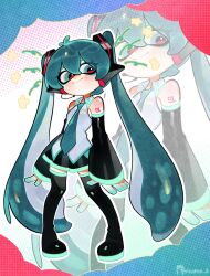 1girl blue_eyes blue_hair blue_necktie commentary english_commentary hatsune_miku highres inkling necktie number_tattoo parody pointy_ears reisame splatoon_(series) squid_girl star_(symbol) style_parody tattoo third-party_source vocaloid vocaloid_boxart_pose zoom_layer 