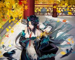  1girl arknights bare_shoulders beads black_coat black_hair branch chinese_commentary cleavage_cutout closed_eyes closed_mouth clothing_cutout coat collared_dress colored_extremities commentary_request contrast_collar daihao1863 dragon_girl dragon_horns dragon_tail dress dusk_(arknights) earrings falling_leaves hair_over_one_eye holding holding_branch horns jewelry leaf light_smile long_hair multicolored_hair necktie off_shoulder one_eye_covered pointy_ears red_necktie signature sleeveless sleeveless_dress solo standing streaked_hair tail torn_clothes torn_necktie white_dress 