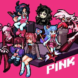  1boy 6+girls 9aaaalt29 :3 :d :p ^_^ ahoge angel_dust ankle_boots arm_support arms_at_sides ashley_graves bare_arms belt black_boots black_bow black_bowtie black_choker black_dress black_hair black_sclera black_shirt black_shoes black_veil blank_eyes blazer blonde_hair blood blood_on_knife blue_hair blue_skirt blue_socks blunt_bangs boots bow bowtie breasts bright_pupils brown_hair choker closed_eyes closed_mouth collared_shirt color_connection colored_sclera colored_skin commentary cross-laced_clothes cross-laced_dress cross_hat_ornament crossover doki_doki_literature_club doki_doki_literature_club_school_uniform dress elbow_gloves english_text extra_arms fewer_digits friday_night_funkin' full_body furry furry_male garter_straps gloves gold_teeth grey_jacket grin hair_ornament hairband hand_on_own_cheek hand_on_own_face hand_on_own_knee hazbin_hotel heart heart_hair_ornament hellaverse high_heel_boots high_heels highres holding holding_knife holding_wand jacket knee_boots kneehighs knees_together_feet_apart knife layered_sleeves leaning_forward lobotomy_corporation long_hair long_sleeves looking_ahead looking_at_another looking_at_viewer low_ponytail medium_hair miniskirt mismatched_sclera multicolored_hair multiple_crossover multiple_girls natsuki_(doki_doki_literature_club) neck_ribbon nene_(newgrounds) nun o-ring o-ring_choker open_mouth overall_shorts overalls pantyhose pico_(newgrounds_series) pink_background pink_belt pink_boots pink_bow pink_bowtie pink_dress pink_eyes pink_hair pink_hairband pink_overalls pink_shirt pink_skirt pink_theme pixel_art pleated_skirt ponytail project_moon puffy_long_sleeves puffy_sleeves purple_sleeves qt_(friday_night_funkin') queen_of_hatred raised_eyebrow red_eyes red_gloves red_ribbon ribbon sarvente_(friday_night_funkin') school_uniform shadow shirt shoes short_dress short_hair simple_background sitting skirt sleeves_past_fingers sleeves_past_wrists small_breasts smile socks speaker standing star_wand streaked_hair striped_clothes striped_socks swept_bangs symbol-only_commentary the_coffin_of_andy_and_leyley thigh_boots tongue tongue_out traditional_bowtie trash_can two-tone_hair two-tone_socks two_side_up uneven_eyes uwabaki veil very_long_hair wand white_fur white_pantyhose white_pupils white_shirt white_shoes white_skin white_socks x_hair_ornament yellow_eyes yellow_sclera 