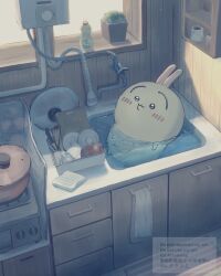  :3 animal blush bowl chiikawa cooking_pot creature cup cutting_board hashtag-only_commentary indoors kitchen moromi_(kscd4482) no_humans partially_submerged plant potted_plant rabbit sink usagi_(chiikawa) water 