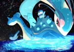  ^_^ absurdres afloat animal_focus black_eyes bright_pupils closed_eyes colored_sclera commentary highres horns lapras looking_at_viewer mantyke meteor_shower milotic night no_humans open_mouth piplup pokemon pokemon_(creature) red_sclera shell single_horn star_(sky) water white_pupils zeroartwo 