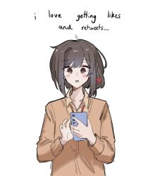  1girl :d @_@ blush bow braid brown_cardigan cardigan cellphone collarbone collared_shirt ena_25ji english_text hair_bow highres holding holding_phone long_sleeves open_mouth phone project_sekai red_bow red_eyes shinonome_ena shirt side_braid simple_background smartphone smile solo upper_body white_background yellow_shirt 