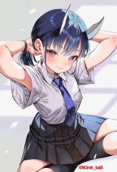  1girl aoki_ruri arms_behind_head artist_name blue_eyes blue_hair blue_necktie breast_pocket breasts closed_mouth collared_shirt commentary_request dragon_girl dragon_horns grey_skirt grey_socks horns kink_(tortoiseshell) looking_at_viewer medium_hair multicolored_eyes necktie pleated_skirt pocket red_eyes ruridragon school_uniform shirt short_sleeves sitting skirt small_breasts smile socks solo two-tone_eyes white_horns white_shirt 
