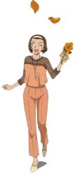  1girl ;d bow brown_hair collarbone falling_petals flower full_body hairband high_heels highres holding holding_flower jewelry looking_to_the_side meitantei_conan official_art one_eye_closed open_mouth orange_bow orange_flower orange_pants orange_petals orange_rose orange_shirt pants pendant petals rose see-through_clothes see-through_sleeves shirt shoes short_hair simple_background smile solo standing suzuki_sonoko transparent_background yellow_hairband yellow_shoes 