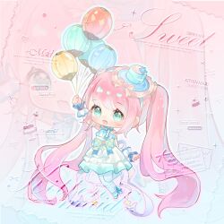  1girl absurdly_long_hair ankle_bow aqua_bow aqua_eyes aqua_shoes argyle_bow arm_up balloon bare_shoulders blue_background blue_hairband blue_hat blue_ribbon blue_wrist_cuffs bow chibi chinese_commentary commentary_request commission dance_till_dawn_(infinity_nikki) detached_sleeves dress eyelashes floating frilled_headwear frilled_wrist_cuffs frills gradient_background gradient_hair hairband happy hat hat_bow hat_ornament holding holding_balloon infinity_nikki lanlan_zhi_jiabing light_blush light_particles lolita_fashion long_hair looking_at_viewer medium_dress mini_hat mini_top_hat multicolored_hair neck_ribbon nikki_(series) official_alternate_color open_mouth outline pantyhose pink_background pink_hair pleated_dress ribbon sample_watermark shoes single_stripe smile solo sparkling_eyes star_(symbol) star_hat_ornament strapless strapless_dress striped_bow swept_bangs tareme too_many_watermarks top_hat twintails two-tone_background two-tone_bow two-tone_wrist_cuffs very_long_hair waist_bow watermark wavy_hair white_bow white_dress white_outline white_pantyhose white_sleeves white_wrist_cuffs wrist_cuffs yellow_bow zoom_layer 