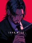  1boy artist_name beard black_hair black_jacket black_necktie copyright_name english_text facial_hair formal gun h&amp;k_p30 handgun highres jacket john_wick john_wick_(character) male_focus necktie par0llel red_background serious shirt solo suit weapon white_shirt 