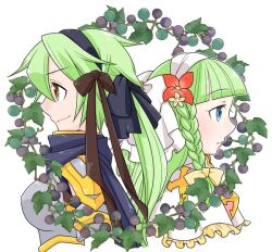  2girls arch_bishop_(ragnarok_online) armor back-to-back black_hairband black_scarf blue_eyes blueberry blunt_bangs boobplate bow braid brown_bow brown_eyes closed_mouth commentary_request cross dress expressionless flower food fruit green_hair hair_bow hair_flower hair_ornament hairband long_hair looking_afar multiple_girls oekakipikki pauldrons profile ragnarok_online red_flower rune_knight_(ragnarok_online) scarf shoulder_armor side_braid single_braid smile upper_body white_background white_bow white_dress wreath yellow_bow 